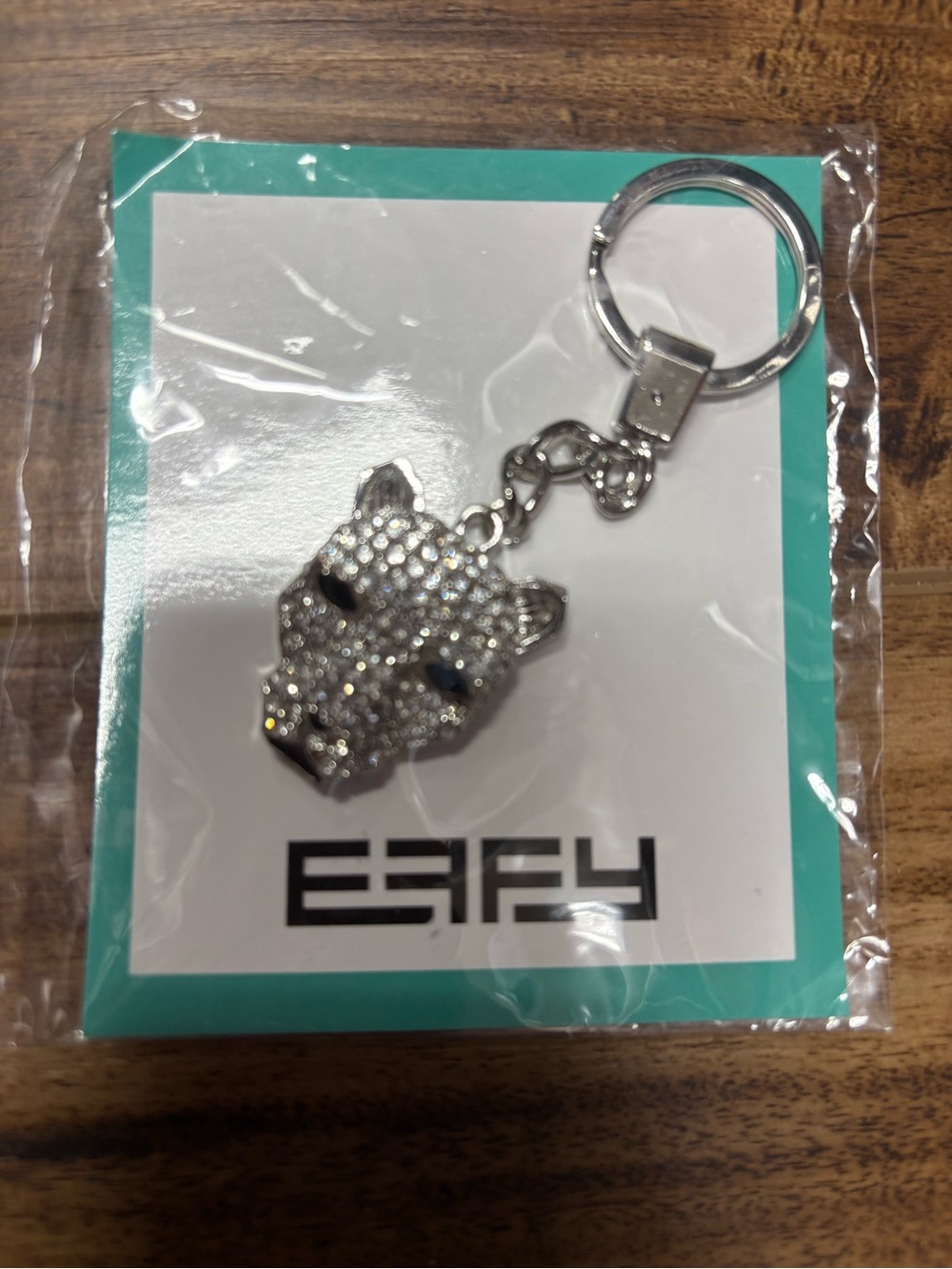Effy panther head rhinestone keychain, silver-tone finish and crystal, new